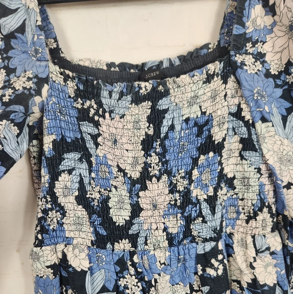J.Crew 100% Linen Daydream Zinnia Floral Smocked Midi Dress Blue Medium
